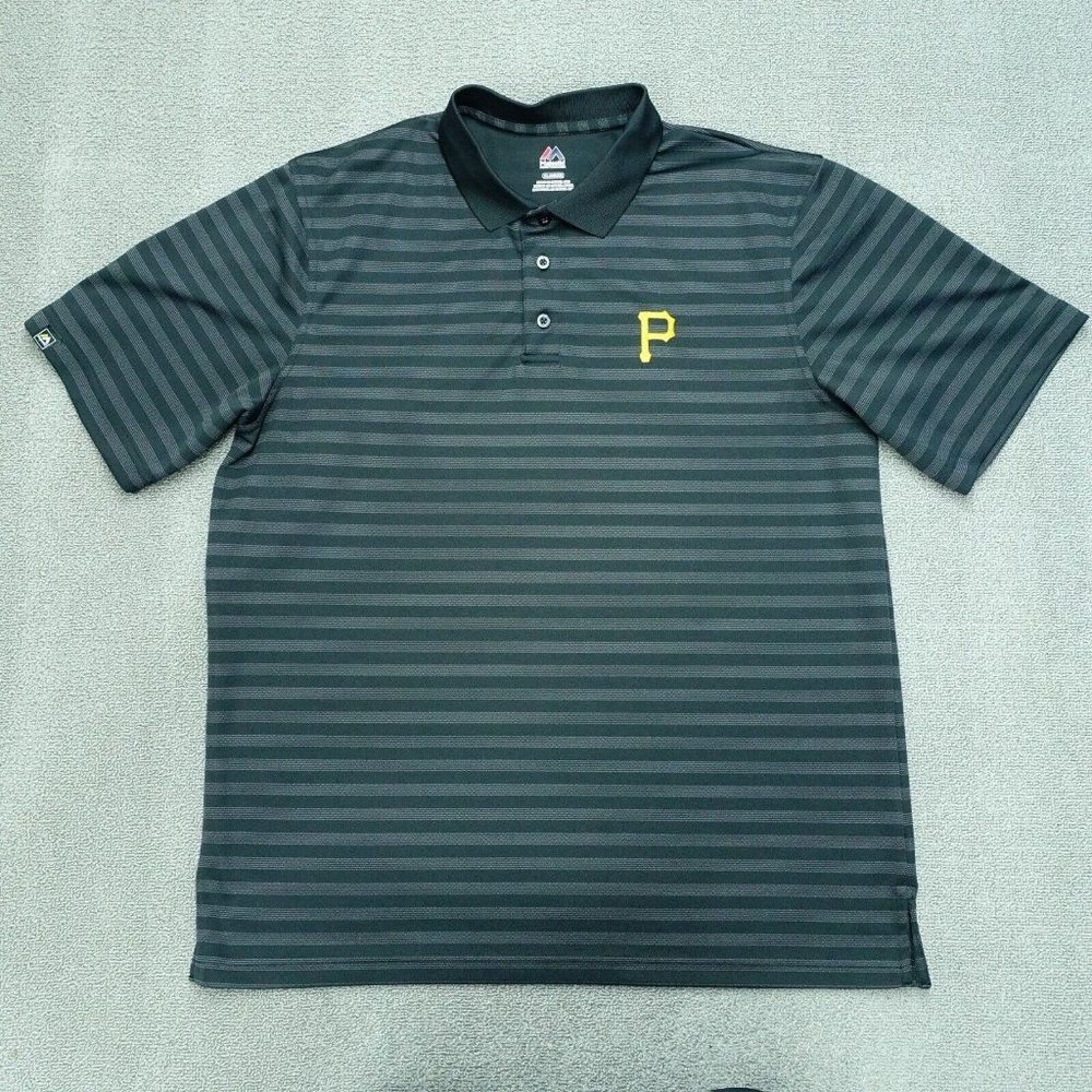 Majestic Polo Shirt Men's Size XL Black Grey Stripe Pittsburgh Pirates Logo MLB